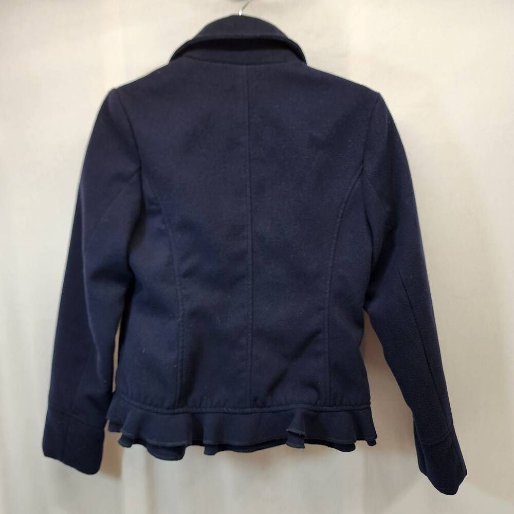 Prévue Navy Ruffle Hem Peacoat Jacket Medium Gold Button Double Breasted - Picture 2 of 8
